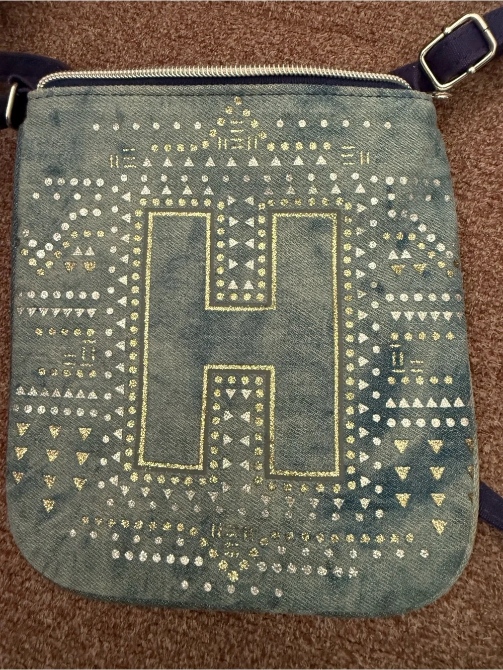 Justice denim “H” monogram girls’ purse, with silver and gold glitter